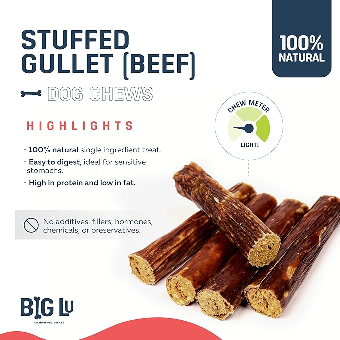 Big Lu - 5-6 Inch Stuffed Beef Jerky Sticks for Dogs, 20 Count, Premium All-Natural Gullet Chews, High-Protein, Easily Digestible, Supports Dental Health and Joint Mobility