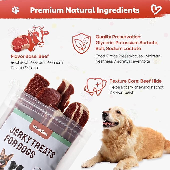 Beef Jerky Dog Treats, Made with Real Beef Chewy Steips for Aggressive Chewers High-Protein Training Treats for Teeth Cleaning, 5.89 oz