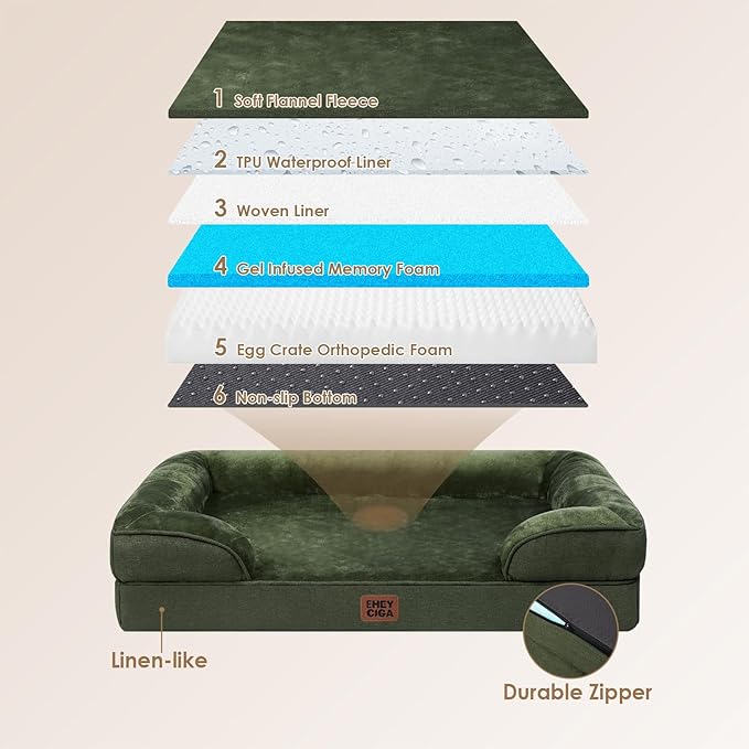 EHEYCIGA Orthopedic Dog Beds for Large Dogs, Waterproof Memory Foam Large Pet Bed with Sides, Non-Slip Bottom and Egg-Crate Foam Dog Couch Bed with Washable Removable Cover, Dark Green