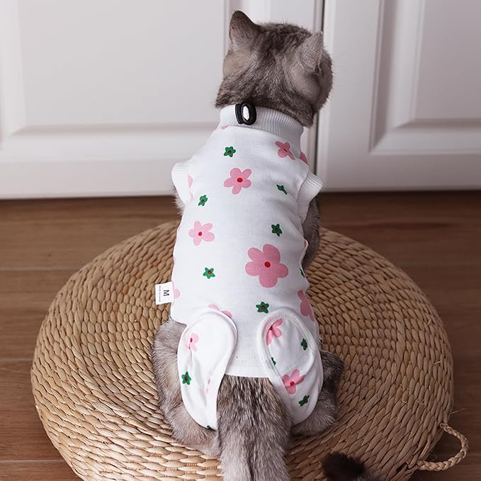 Cat Surgery Recovery Suit, Anti Licking Postoperative Onesie with Roll-Up Design, Soft Breathable Bodysuit Shirt for Female Spay Male Neuter Abdominal Wound Kitten E-Collar Cone Alternative