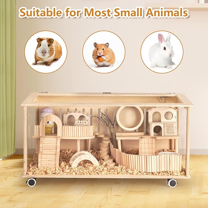 Wooden Hamster Cage, 32"x16" Large Hamster Hideout Openable Top with Acrylic Sheets Built, Suit for Sugar Glider, Gerbil, Big Guinea, No Decoration