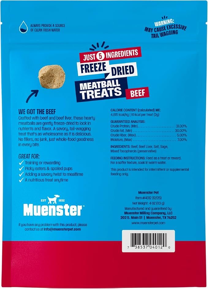 Muenster Freeze Dried Beef Meatball Dog Treats 4 oz - Grain Free, Made in USA
