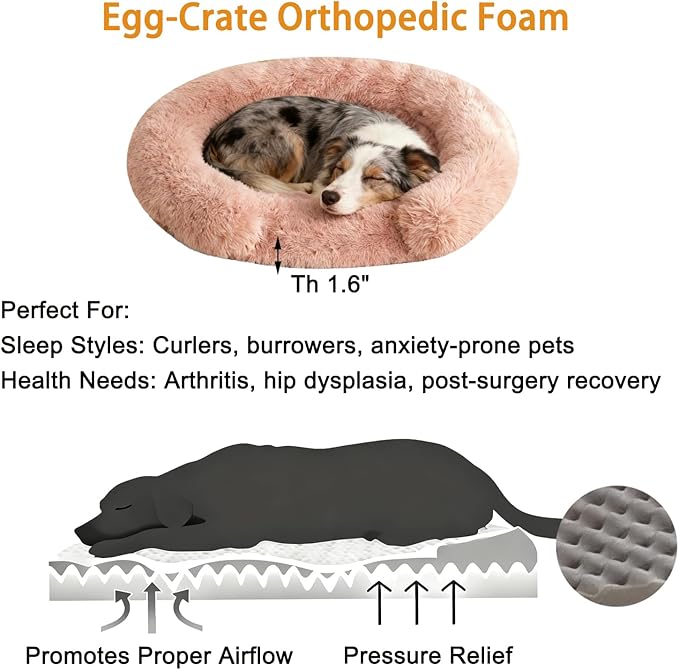 Calming Cute Dog Beds for Medium Dogs, Orthopedic Cushion Anti-Anxiety Donut Cuddler Bed, Soft Fluffy Faux Fur Plush Warming Cozy Removable Cover, Fits up to 35 lbs Pets (Round, Blush 28")