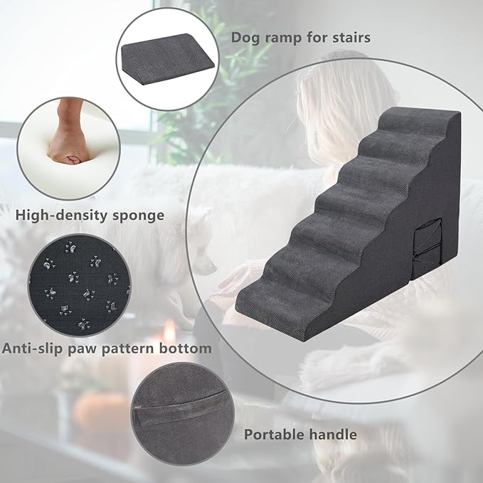 Dog Stairs for High Beds 30-33 inches Tall, 7-Step Pet Stairs/Steps for Small Large Dogs, 30D Foam Pet Steps/Ramp/Ladder for High Bedsides, with 4pcs Dog Ramp for Stairs, Dark Grey