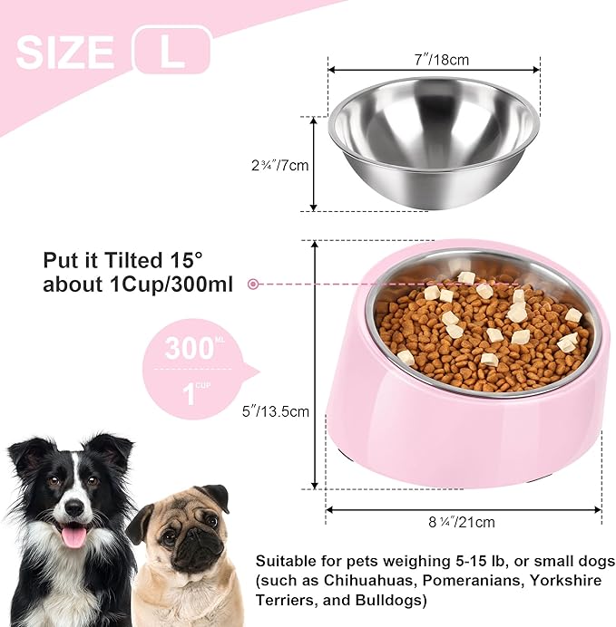 Tilted Dog Bowl Non-Slip & Non-Spill Pet Feeder with Elevated Detachable Melamine Stand, Easy to Get Food Dog Dish, L/300ml Pink