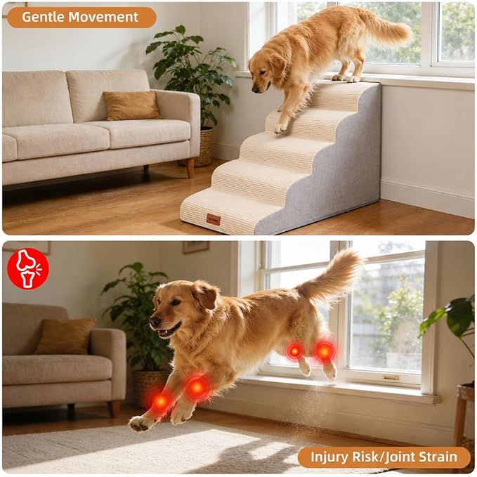 Dog Stairs for Small Dogs and Cats, 22.6" H, 5-Step Curved Pet Ramp for High Bed, Non-Slip Medium Pet Steps with High Density Foam, Beige