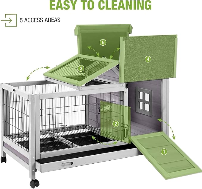 GUTINNEEN Rabbit Hutch Indoor with Wire Fence Rabbit Cage with Run Leakproof Pull Out Tray Outdoor Bunny Cage, Guinea Pig Cage Grey