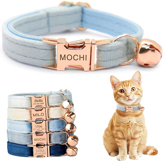 Personalized Non-Breakaway Cat Collar with Name, Luxury Soft Velvet Custom Engraved Name Collar with Bell for Kittens & Cats (Light Blue, L (7.5-12.5 inches))