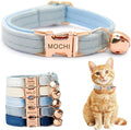 Personalized Non-Breakaway Cat Collar with Name, Luxury Soft Velvet Custom Engraved Name Collar with Bell for Kittens & Cats (Light Blue, S (6.5-10.5 inches))