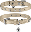 Leather Cat Collars for Boy Girl Cats with Bell and Safety Elastic Belt, Personalized Star and Moon Stud Adjustable Safe Buckle Collar for Kitty Small Big Cats Size 7-9 Inch, Gold