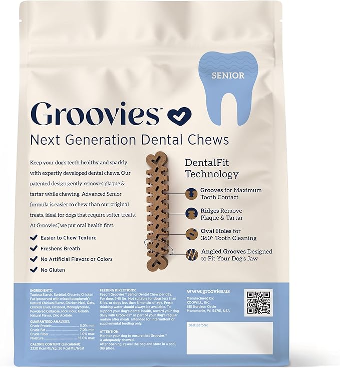 Groovies Gentle & Flexible Senior Dog Dental Chews, Contact-Cleaning Design Supporting Tartar Control & Fresh Breath, Oral Care Treats, USA Manufactured, Patented DentalFit Tech, Small Dogs, 43 Chews