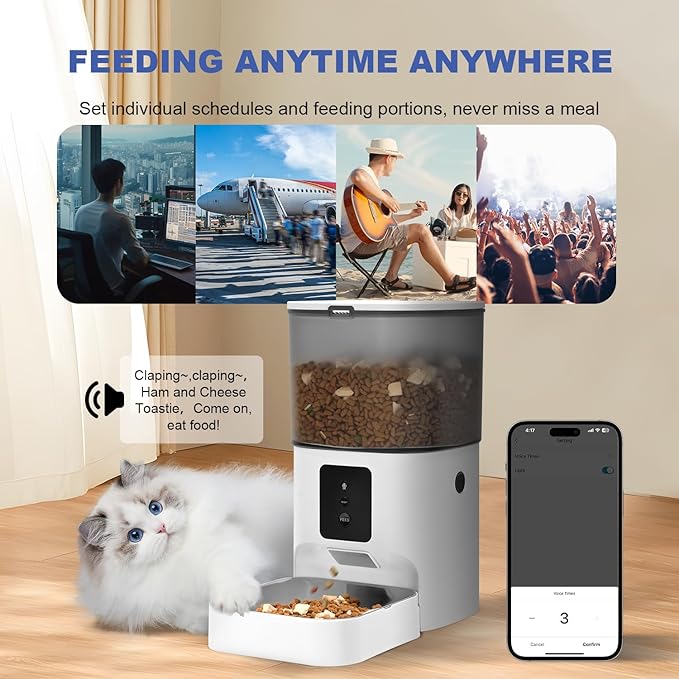 2.4G/5G Automatic Cat Feeder, 4L WiFi Food Dispenser with 10s Voice Recorder, Pet Feeder up to 10 Meals per Day, Timed Cat Feeder with Dry Food Sealed Ring (Matte White, 4.0 L)