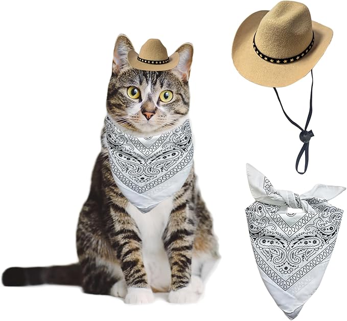 Dog Cowboy Hat Cat Cowboy Hat Mini Cowboy Hat for Dogs Cat Pet Cowboy Costume with Bandana Scarf Holiday Halloween Pet Party Decoration (Khaki, Small)