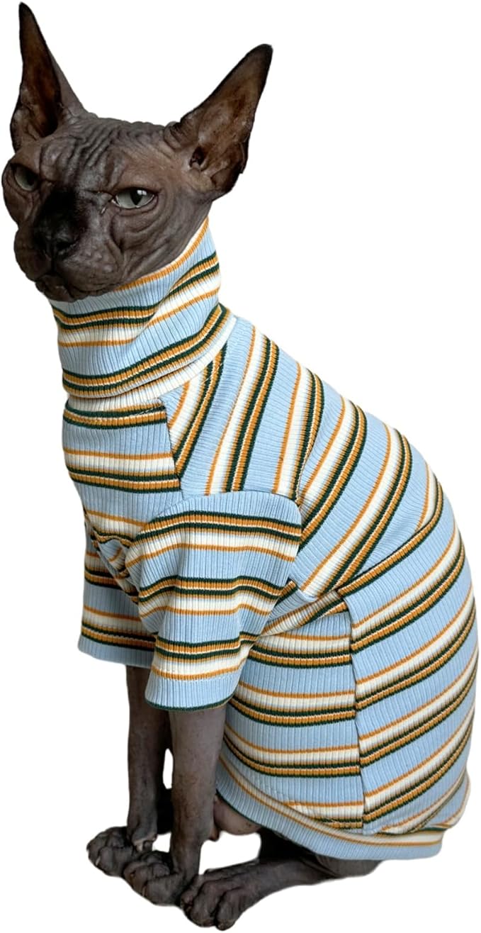Turtle Neck Vintage Stripes Sphynx Hairless Cat Cotton T-Shirts Pet Clothes Vest Kitten Shirts Sleeveless, Cats & Small Dogs Apparel (Light Blue, M (5-6.5 lbs))