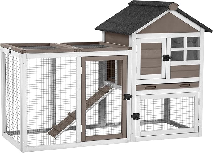 Aivituvin 51.6''L Rabbit Hutch Outdoor Chicken Coop Indoor Bunny Cage with Run,Guinea Pig House Pull Out Upper Tray (51.6" L x 25.2" W x 36.2" H, Brown-1 Set)