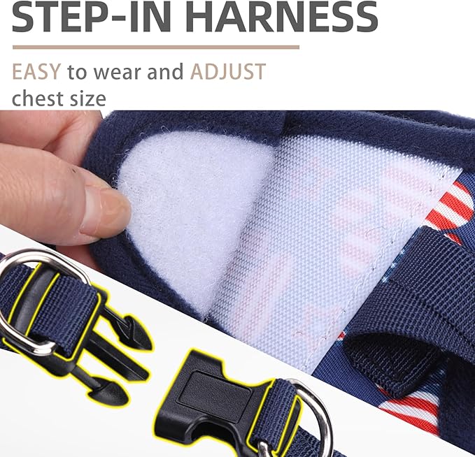 PUPTECK Dog Harness and Leash Set for Small Medium Dogs No Pull Step-in Soft Mesh Puppy Cat Vest Harnesses Reflective at Night, Stars and Strips, Blue, M