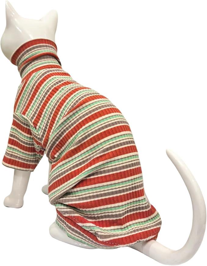 Turtle Neck Vintage Stripes Sphynx Hairless Cat Cotton T-Shirts Pet Clothes Vest Kitten Shirts Sleeveless, Cats & Small Dogs Apparel (Autumn, XS (2-3 lbs))