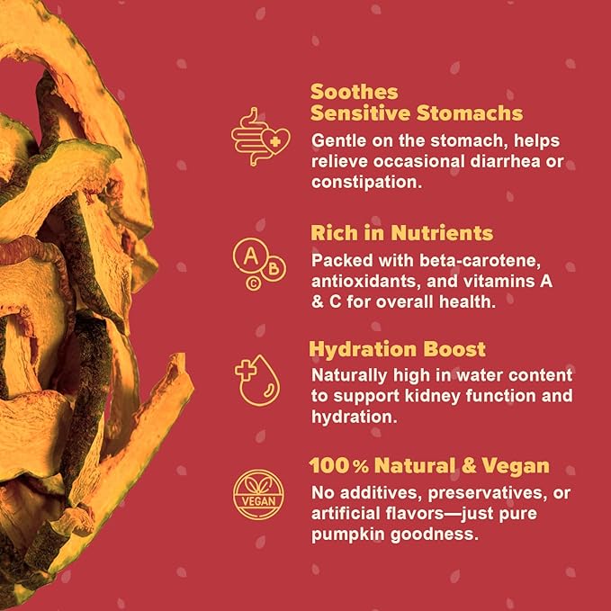 Pumpkin Chips for Dogs – 100% Natural Single Ingredient Dog Treats – Crunchy & Crispy – Easy to Digest, Hypoallergenic, Grain-Free – Healthy Snack for All Breeds – 6 oz
