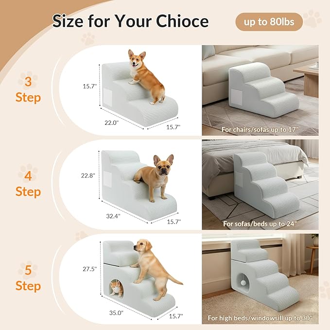 Dog Stairs for High Beds Up to 30" H with Tunnel,Extra Height 27.5" 5-Step Pet Steps for Small Dogs and Cats, Non-Slip Sturdy Dog Ramp with Anti-Tip Safety Strap and Removable Cover