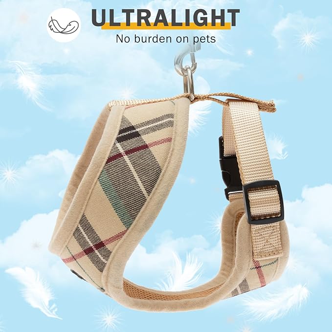 SCENEREAL Puppy Dog Harness with Leash Set for Small Medium Sized Dogs, Soft Mesh Pet Harnesses and Leash, No Chock Plaid Adjustable No Pull Vest for Dogs Cats, Chihuahua,Bulldog (Beige M)