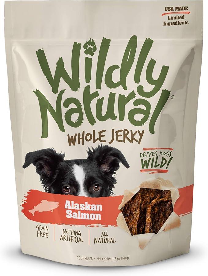 Wildly Natural Whole Jerky Dog Treats | Limited Ingredient, Made in USA Jerky | Grain Free & Nothing Artificial | Alaskan Salmon, 5 oz