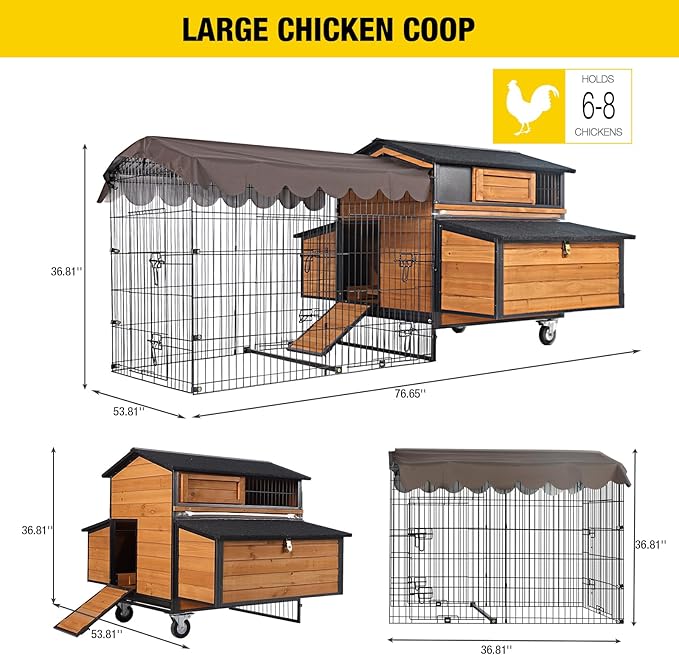 Large Chicken Coop for 6-8 Chickens, Mobile Chicken Tractor with Wheels and Sturdy Metal Frame, Nesting Box and Pull-Out Tray, Weatherproof Hen House for Backyard Farm Garden, Easy to Clean & Assemble