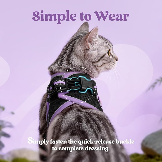 rabbitgoo Cat Harness and Leash Set for Walking Escape Proof, Adjustable Soft Kittens Vest with Reflective Strip for Cats, Comfortable Outdoor Vest, Black & Light Purple, M