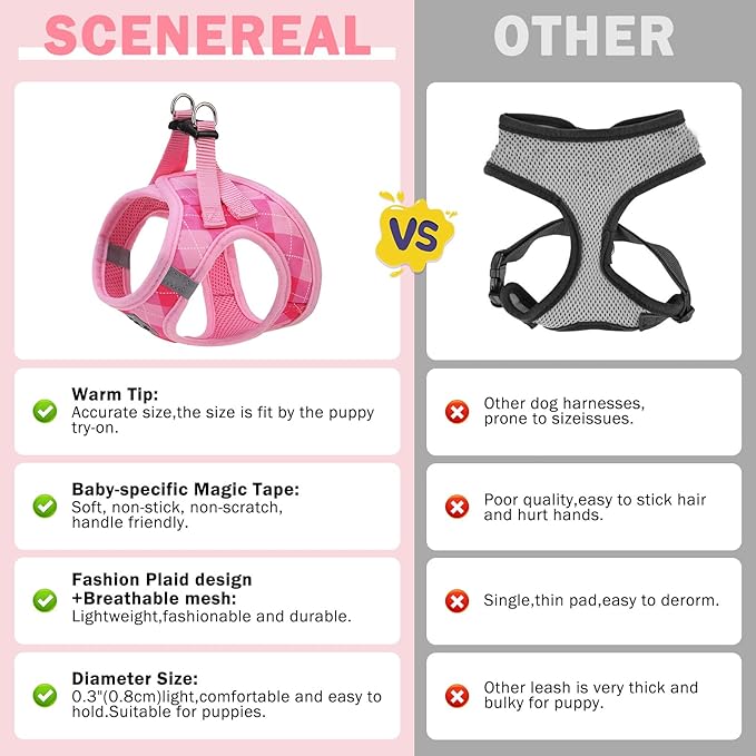 SCENEREAL Small Dog Harness and Leash Collar Set, Step in No Pull Soft Mesh Dog Harnesses for Small Medium Sized Dogs Puppy and Cats Outdoor Walking, No Chock Reflective Vest Harness, Pink Plaid M
