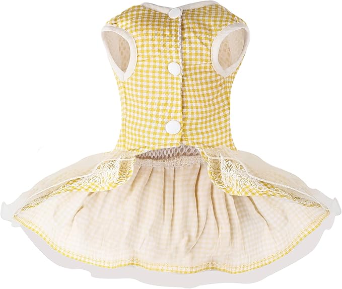 Dog Dress Plaid with Bowknot Cute Dress for Small Dog Cat Puppy Outfits with Harness Leash（ Yellow，Large ）