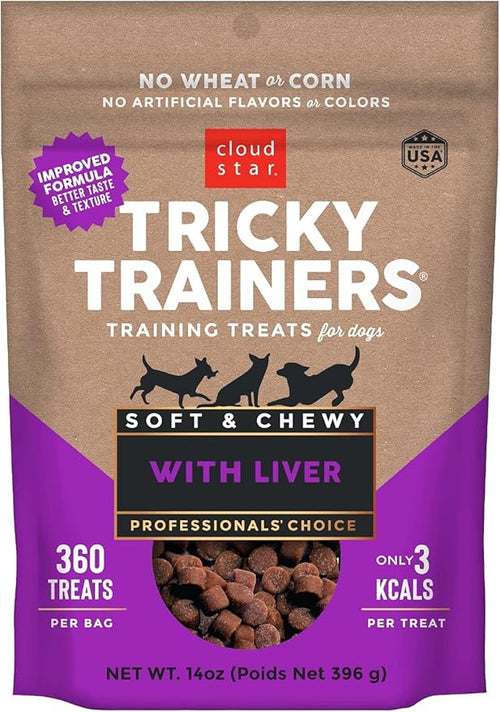 (3 Pack) Cloud Star Tricky Trainers Chewy Dog Treats Whole Grain Soft for Adult & Puppy - Liver 14oz Each with 10ct Pet Wipes