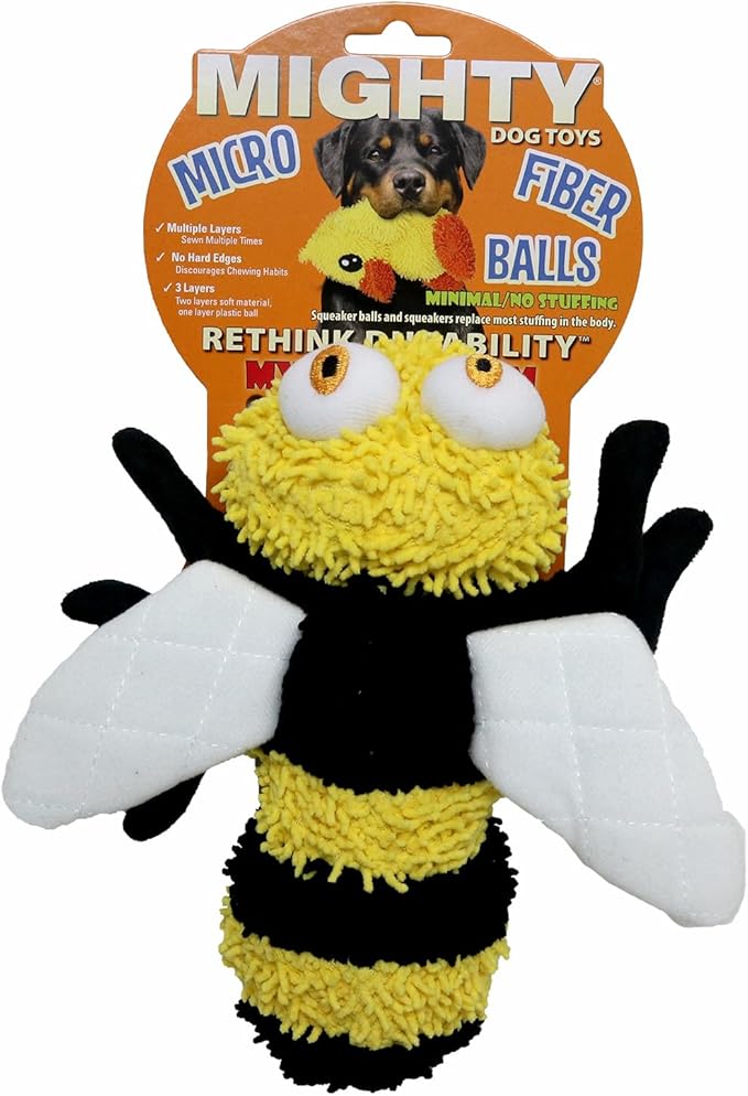 MIGHTY- Microfiber Ball - Farm – Made with Squeaker Balls and Minimal Stuffing. Strong & Tough. Interactive Play. Machine Washable & Floats (Bee, Medium 2 Pack)