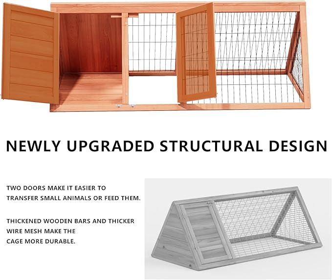 Wooden A-Frame Rabbit Hutch Bunny Cages with Ventilating Wire & 2 Doors Indoor Outdoor Portable Playpen Run House for Chicken Duck Quail Poultry & Small Animals (Natural Wood)