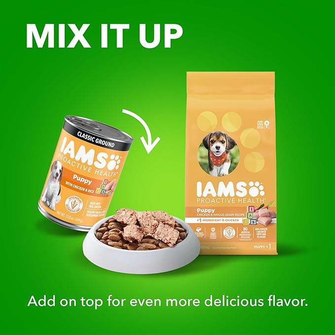 IAMS Proactive Health Puppy Wet Dog Food Classic Ground with Chicken and Rice, 13 oz. Cans (12 Count, Pack of 2)