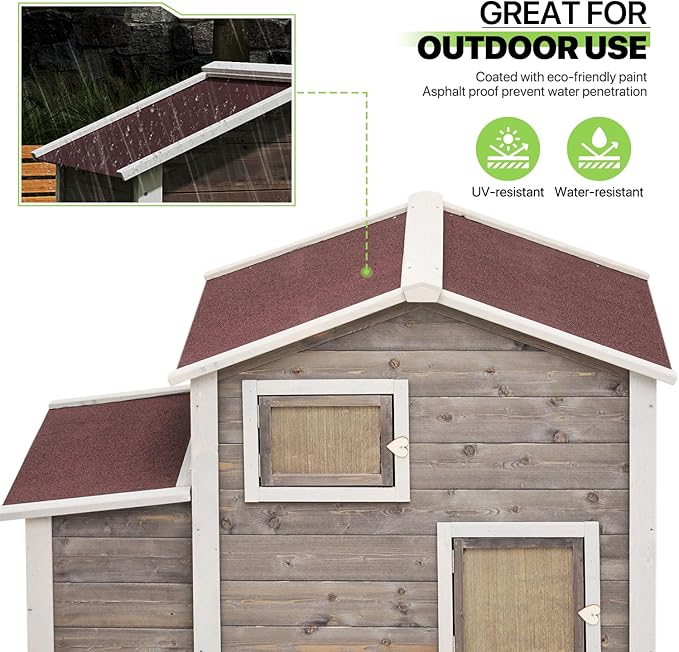 Magshion 46" Large Chicken Coop Rabbit Hutch with 2 Nesting Box, Wooden Raised Hen House with Removable Trays, Outdoor Poultry Cage Pet House with Ramp Run Hen Cage for Garden Backyard