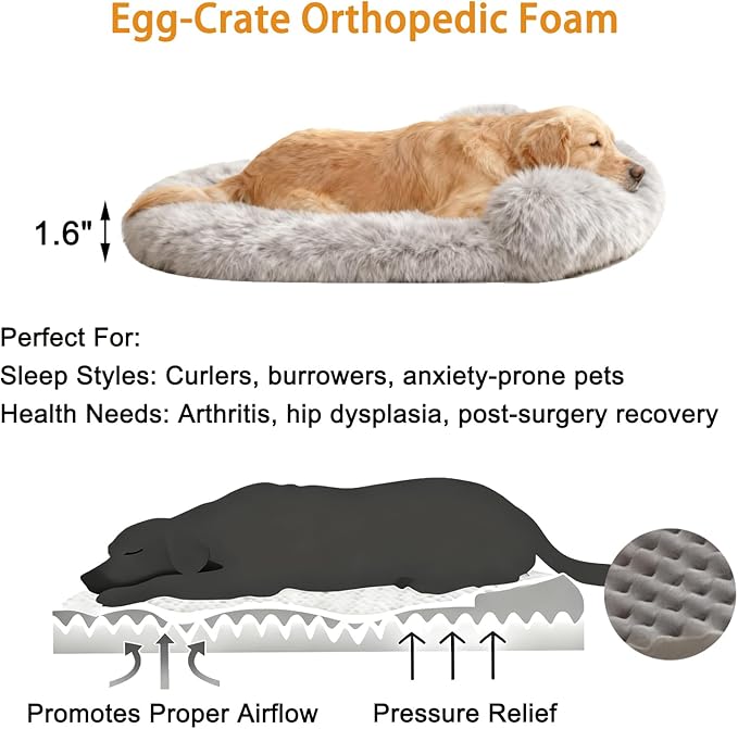 Calming Dog Beds for Medium Large Dogs, Orthopedic Cushion Plush Dogs Lounge Sofa with Washable Removable Cover, Anti-Anxiety Soft Faux Fur Fits up to 40 lbs Pets (Oval, Marble Grey 32"x24")
