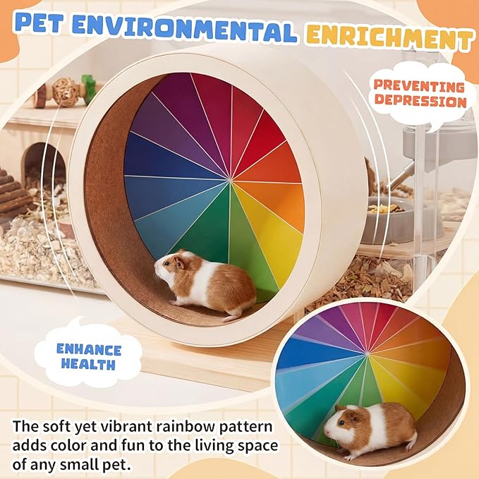 Geelin 9 Inch Hamster Wooden Silent Wheel, Rainbow Printed Small Animal Exercise Wheel, Quiet Spinner Hamster Running Wheels Prevent Depression Toys for Hamsters, Gerbils, Mice and Other Small Pets