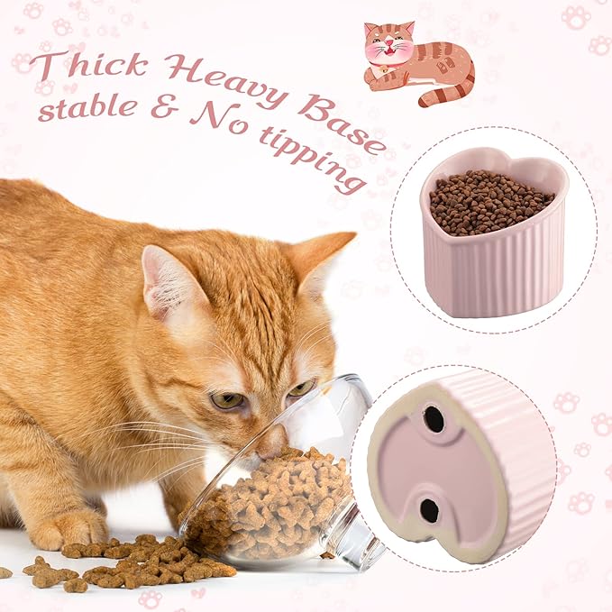 Mumufy 2 Pcs Ceramic Elevated Cat Bowls Tilted Elevated Raised Pet Bowls Anti Vomit Cat Dish for Indoor Stress Free Water Dish Feeder for Puppies, Heart Shaped(Pink, White)