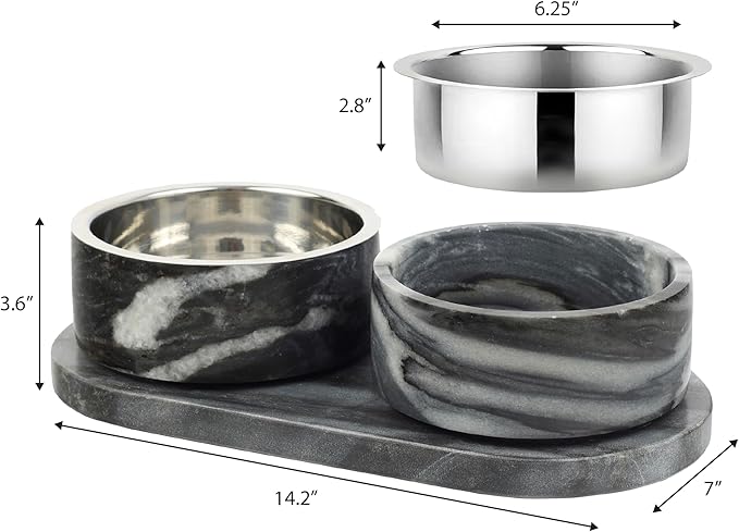 DBL1000D Marbre Small/Medium Modern Weighted Double Marble and Stainless Steel Bowl 12oz (1.5 Cups) Feeder with Non-Slip Marble Tray Set, Black/White