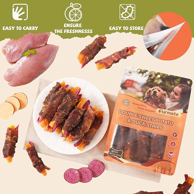 Dog Jerky Treats Duck Wrapped Orange Purple Sweet Potato, Healthy Dog Snacks High Protein Low Fat, Soft Chews Eliminates Tears, Training Rewards Treats for Small Medium Large Breeds,10.58 oz