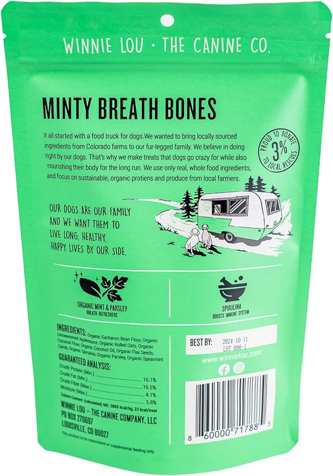 Winnie Lou Organic Dog Treats – Natural Dog Biscuits, USA Made, Organic Ingredients, Clean, Sensative Stomach, All Breed Sizes, High Protein, Hypoallergenic, Minty Breath Bones (Pack of 2)