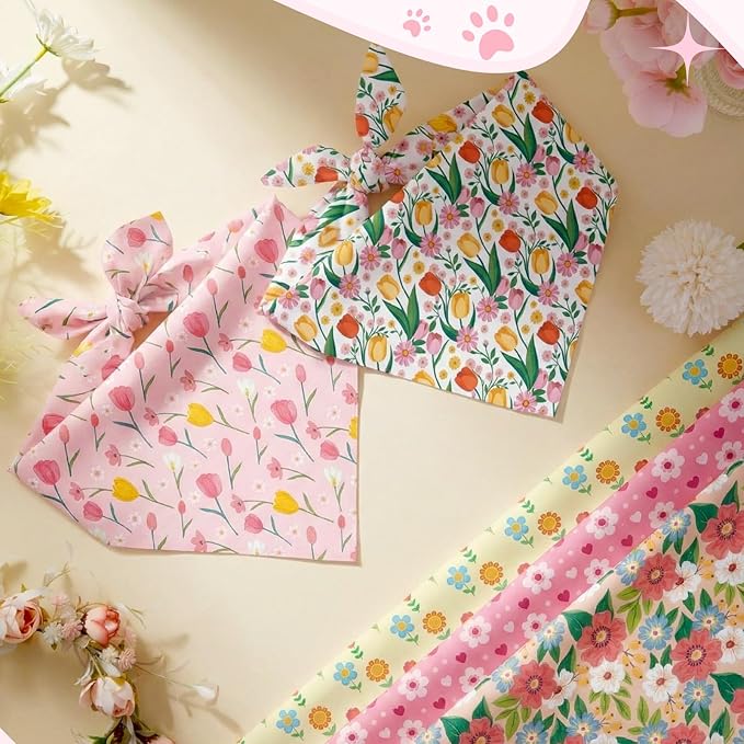 Weewooday 50 Pcs Spring Dog Bandanas Bulk with Daisy, Flower, Floral Soft Bibs Adjustable Triangle Pet Scarf Bowtie for Small Medium Large Costume Grooming(Spring, 25.6 x 17.7 x 17.7 Inch)