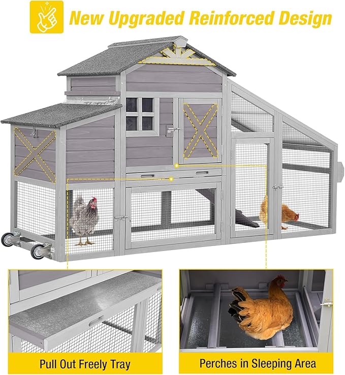 Aivituvin Chicken Coop Mobile Chicken House on Wheels, Rabbit Hutch Bunny Cage Expandable Wooden Poultry Cage with Large Nesting Box Leakproof Pull-Out Tray,UV-Resistant Roof (Grey)