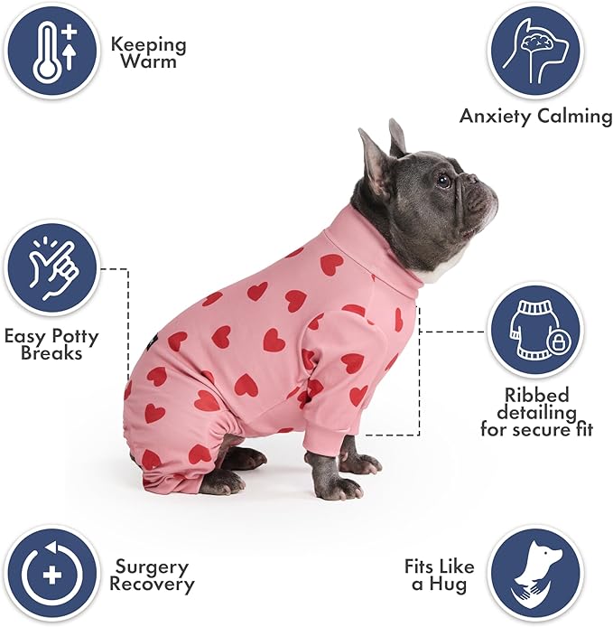 Spark Paws Dog Pajama, Dog Recovery Suit Male, Onesie, Ultra-Soft and 4-Way Stretch, for Small Medium and Large Breeds - Pink Hearts - L