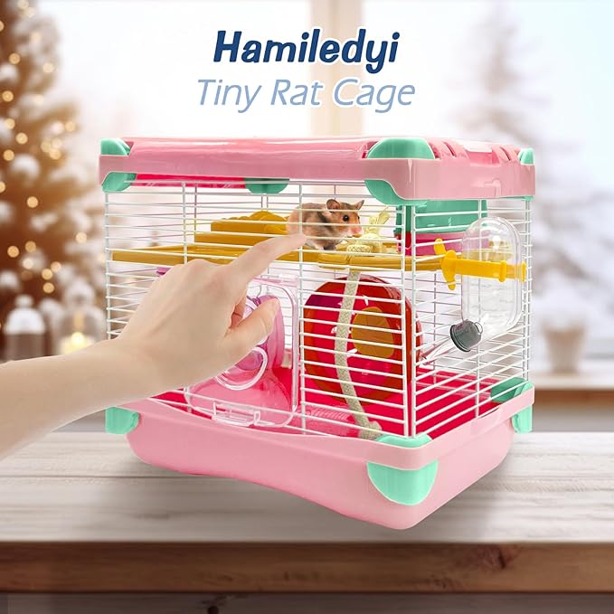 Hamiledyi Portable Hamster Cage 2 Layers Dwarf Hamster Habitat Small Animal Travel Cage with Exercise Wheel Hamster Enclosure Mouse Cage for Hamsters Mice Gerbils or Other Tiny Pets