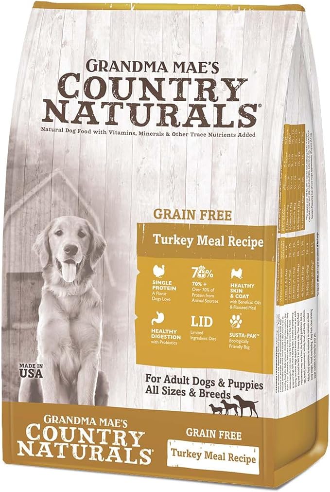 Grandma Mae’s Country Naturals Dry Dog Food, Grain Free Formula, Turkey, Slow Cooked & Nutrient Dense, Made in USA, 25 LB Bag