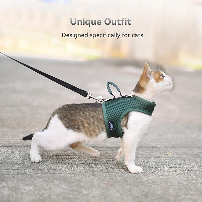 Kitty Harness and Leash for Walking Escape Proof Breathable Mesh Fabric, Solid Green, Small, Adjustable Cat Walking Jackets with Handle, Padded Stylish Cat Vest