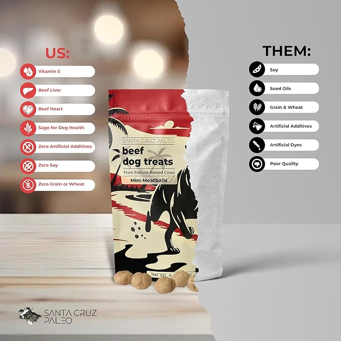 Santa Cruz Paleo Dog Treats, 4 oz Bag, Beef Liver Treats for Dogs with Beef Heart, Vitamin E, Healthy Mini Meatball Dog Training Treats or Food Topper Made with 100% Pasture Raised Beef, High Protein