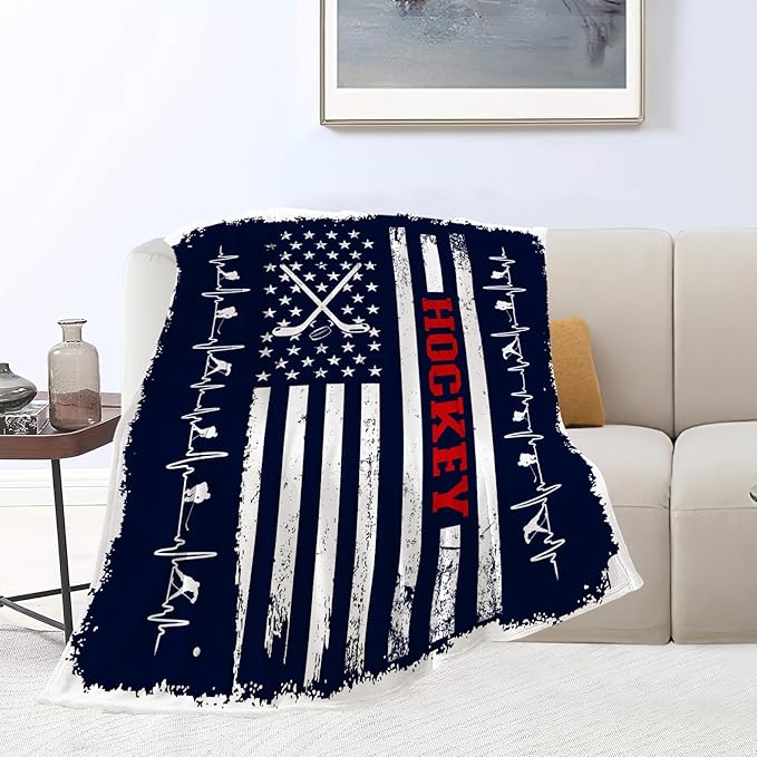 banonaty Hockey Blanket Navy Blue American Flag Throw Blanket Cozy Fleece Flannel Plush Bedding Ice Hockey Gifts for Boys Girls Men Women Youth Kids for Couch Sofa Bed Decor 40"X50"