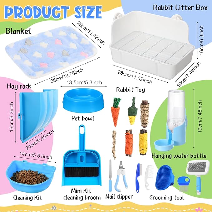 20 Pcs Rabbit Starter Kit Small Bunny Litter Box Animal Grooming Kit with Hanging Pet Bowls Water Bottle Bunny Toys Flannel Blankets with Cleaning Set for Guinea Pig Rabbit Accessories(Blue)