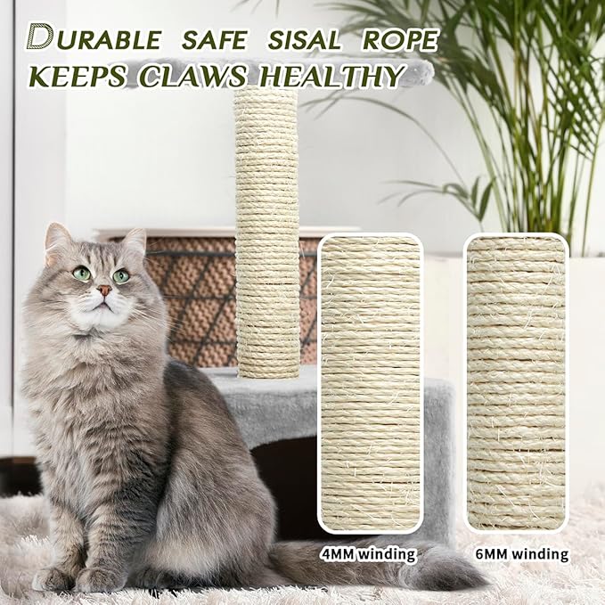 White Sisal Rope 1/4 Inch by 65-Feet for Cat Scratching Post Tree Tower Replacement Repair and Replace, DIY Hemp Twine Rope for Kittens Shelves Furniture Window Bed Perch Kicker Toys, 6mm by 20m